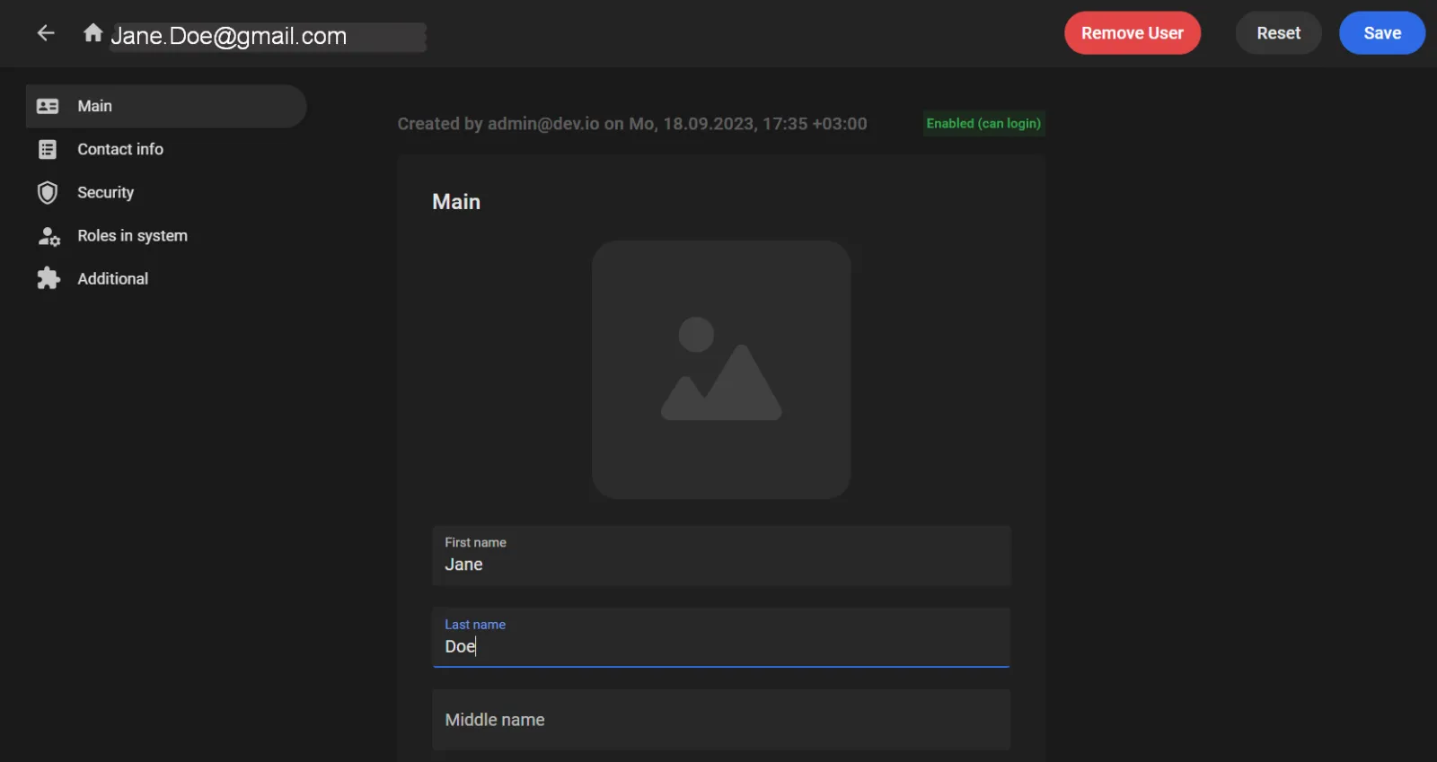 User details form, Main tab, with First name, Last name, Middle name fields and Remove User, Reset, and Save buttons