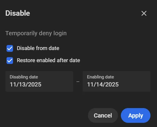 Disable window with Disable from date and Restore enabled after date checkboxes and their date fields