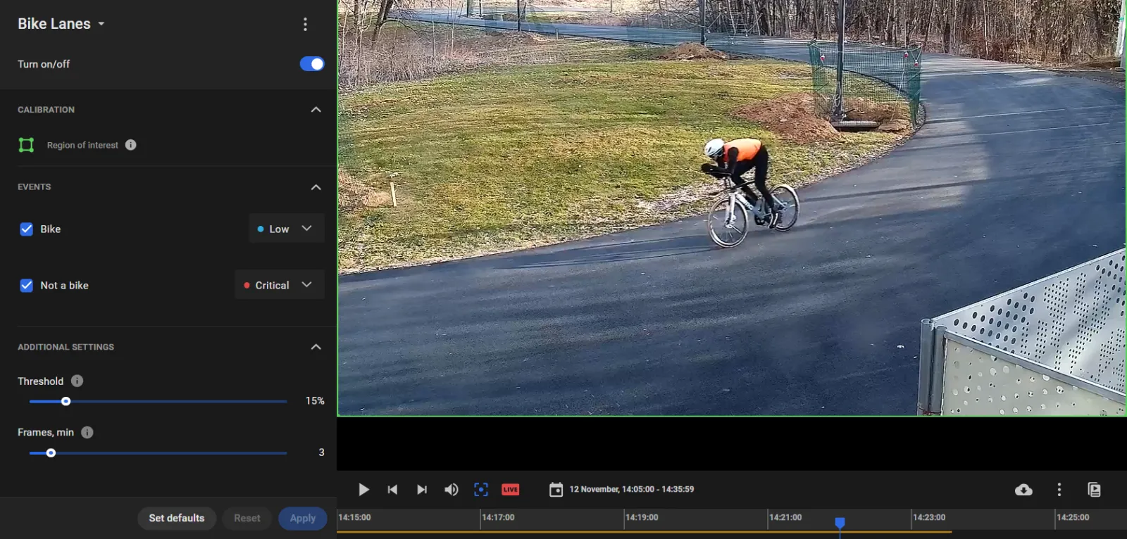 Bike Lanes settings panel with Bike (Low) and Not a bike (Critical) events enabled, Threshold at 15%, and Frames min at 3