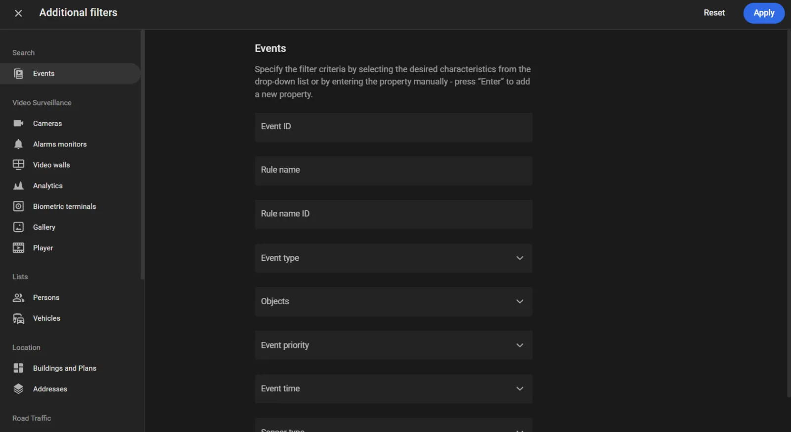 Additional filters panel, Events tab, listing filter fields such as Event ID, Rule name, Event type, Objects, Event priority, and Event time