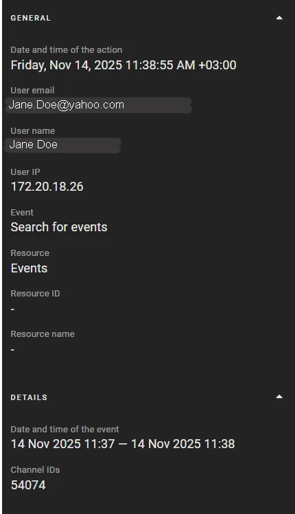 Logbook event detail sidebar showing General details (date, user, event, resource) and the Details section with event time range and channel ID