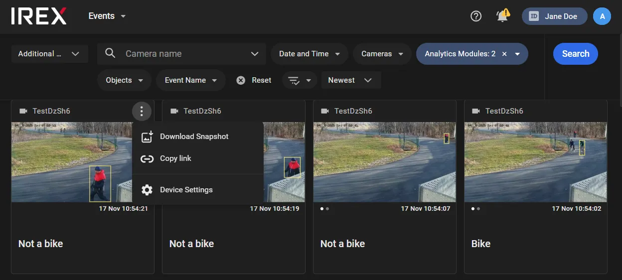 Events screen with four event cards labeled Not a bike or Bike, and the three-dot menu open showing Download Snapshot, Copy link, and Device Settings