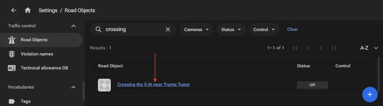 Road Objects settings page with an arrow pointing to the Crossing the 5-th near Trump Tower entry