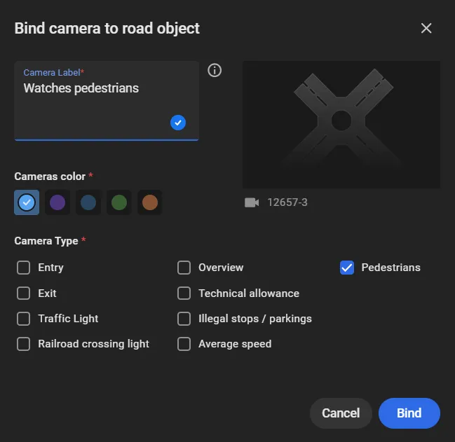 Bind camera to road object dialog with Camera Label Watches pedestrians and Camera Type set to Pedestrians