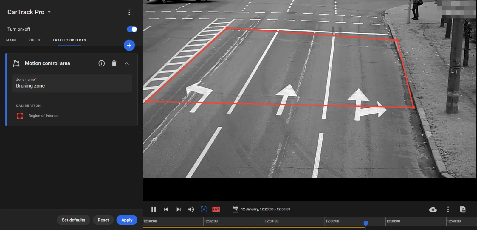 CarTrack Pro Traffic objects tab with a Motion control area named Braking zone drawn over the road in the camera view