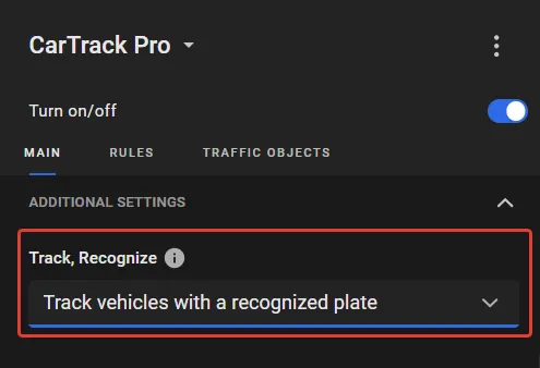 CarTrack Pro Main tab with Track, Recognize set to Track vehicles with a recognized plate