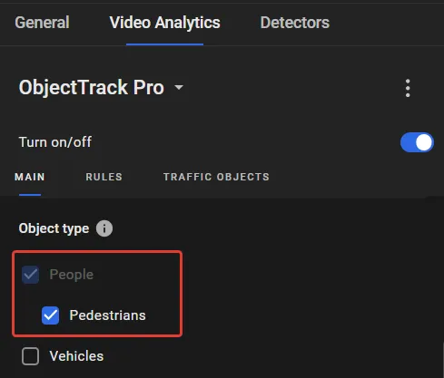 MAIN sub-tab with Object type People and its Pedestrians sub-option checked, enabling the Traffic objects tab