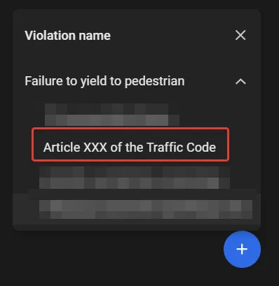 Violation name selector with Article XXX of the Traffic Code selected under Failure to yield to pedestrian