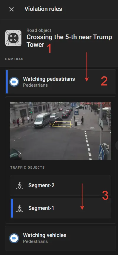 Violation rules panel showing the road object name, the Watching pedestrians camera, and the Segment-1 and Segment-2 traffic objects