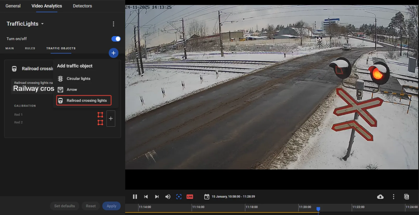 Video Analytics tab for a traffic lights camera with the Add traffic object menu open and Railroad crossing lights selected