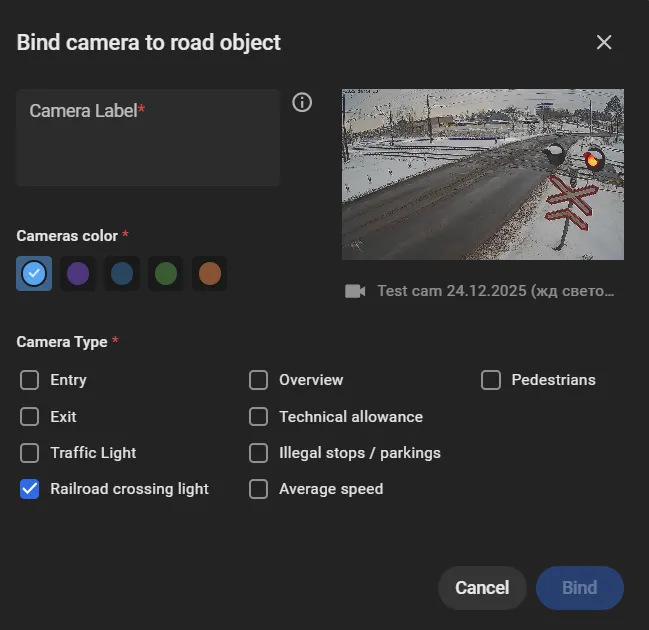Bind camera to road object dialog with Camera Type set to Railroad crossing light