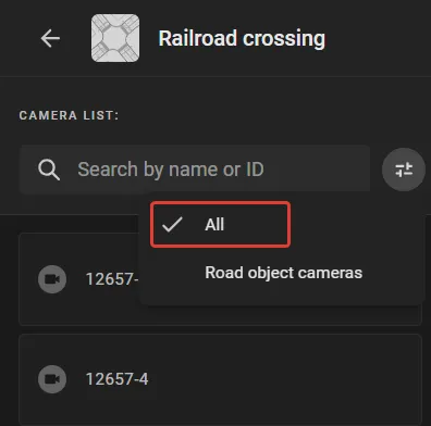 Camera list filter set to All in the Railroad crossing road object panel