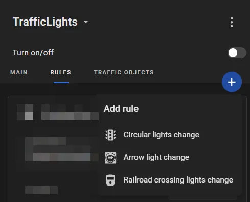 TrafficLights RULES tab with the Add rule menu showing Circular lights change, Arrow light change, and Railroad crossing lights change options