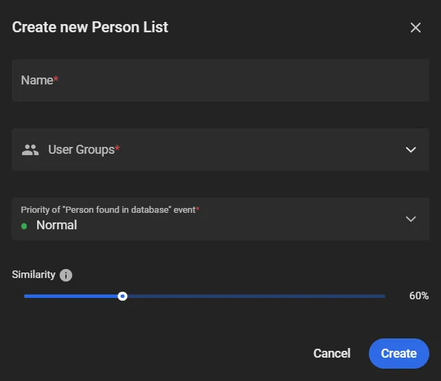 Create new Person List window with Name, User Groups, event priority, and a Similarity slider set to 60%