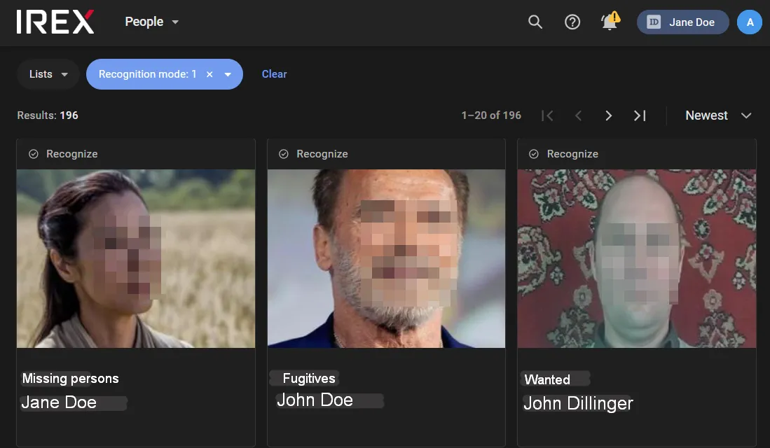 People screen with the Lists and Recognition mode filters set, showing three person cards (Jane Doe, John Doe, John Dillinger) with photos and list names