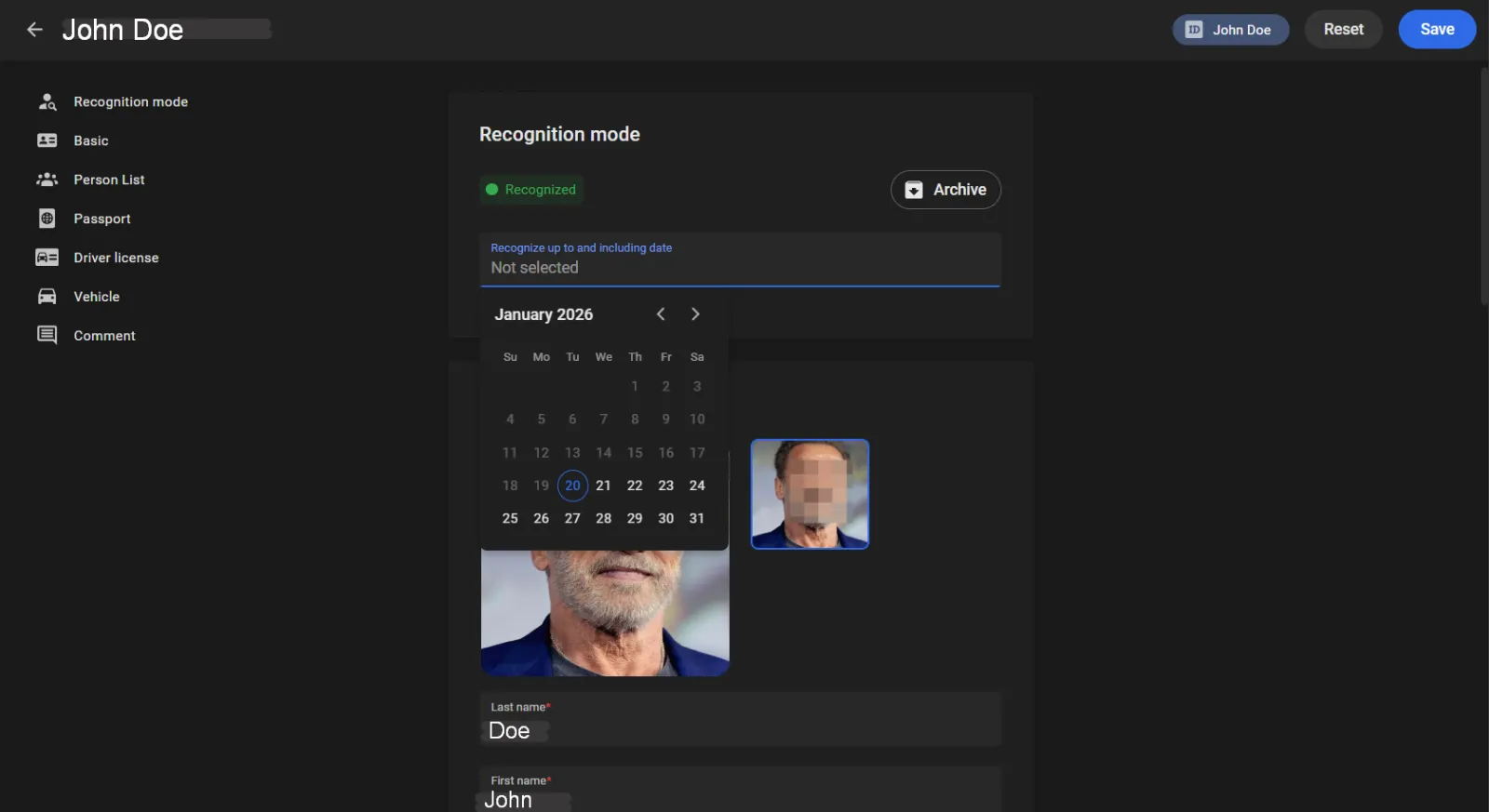 Personal data edit form for John Doe with Recognition mode set to Recognized, an Archive button, and a Recognize up to date field with a calendar picker open