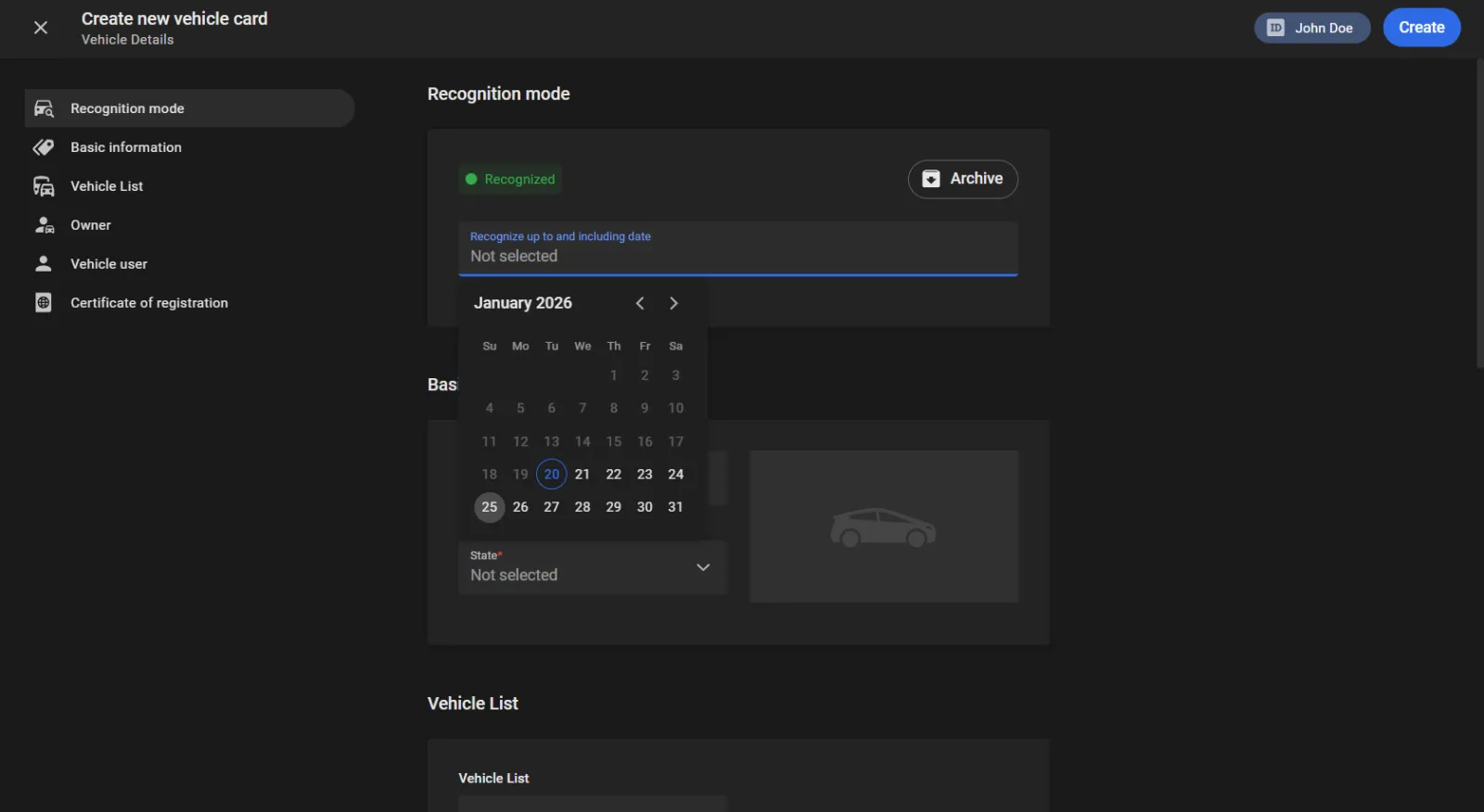 Create new vehicle card form with Recognition mode set to Recognized and a Recognize up to and including date calendar picker