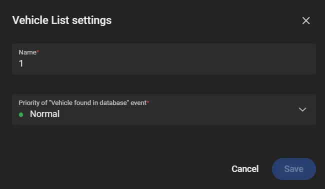 Vehicle List settings dialog with Name and Priority of Vehicle found in database event fields