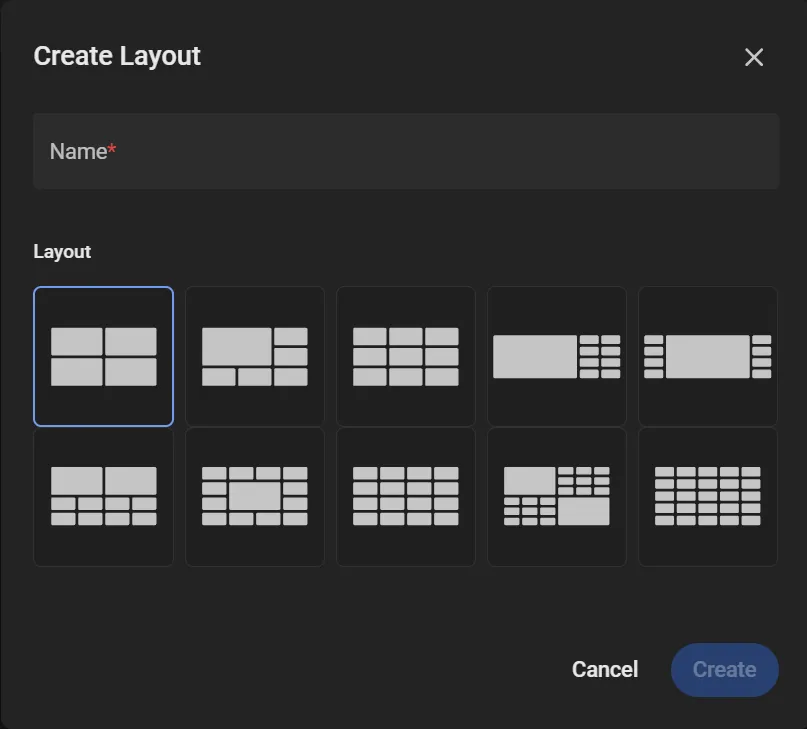 Create Layout dialog with a Name field and a grid of selectable layout templates
