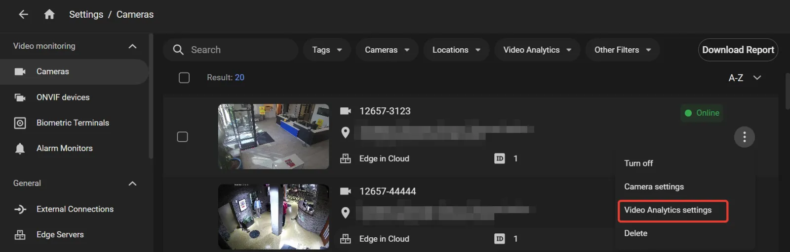 Cameras list with the three-dot menu open on a camera row, highlighting the Video Analytics settings option