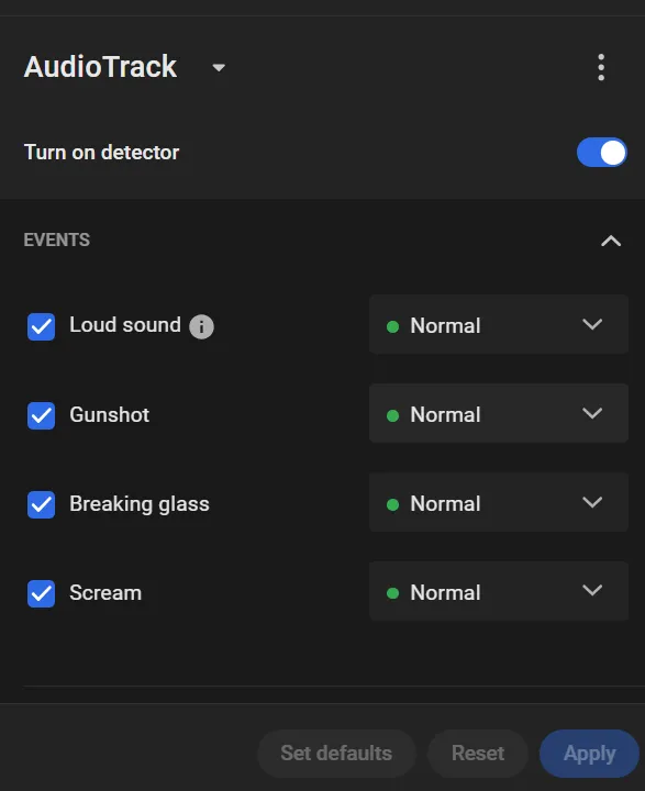 AudioTrack detector settings with the EVENTS list showing Loud sound, Gunshot, Breaking glass, and Scream all enabled at Normal priority