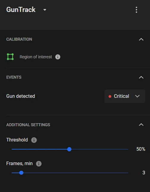 GunTrack settings panel showing the Region of interest calibration control, Gun detected event set to Critical priority, and Threshold and Frames sliders under Additional settings