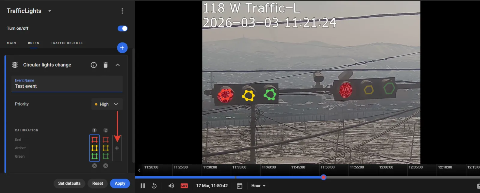 Circular lights change rule card with calibration frames drawn around the red, yellow, and green lights on a traffic signal in the camera feed