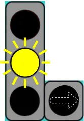 Traffic light with a continuously flashing yellow circular light above an arrow signal, indicating the crossroads is out of control