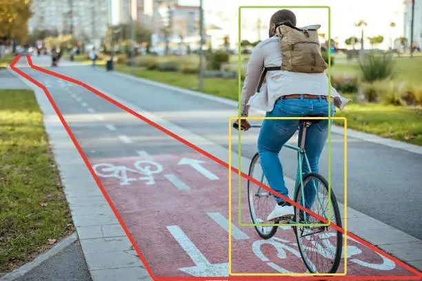 Cyclist in a bike lane with bounding boxes around the rider and bicycle, classified as a Bike event
