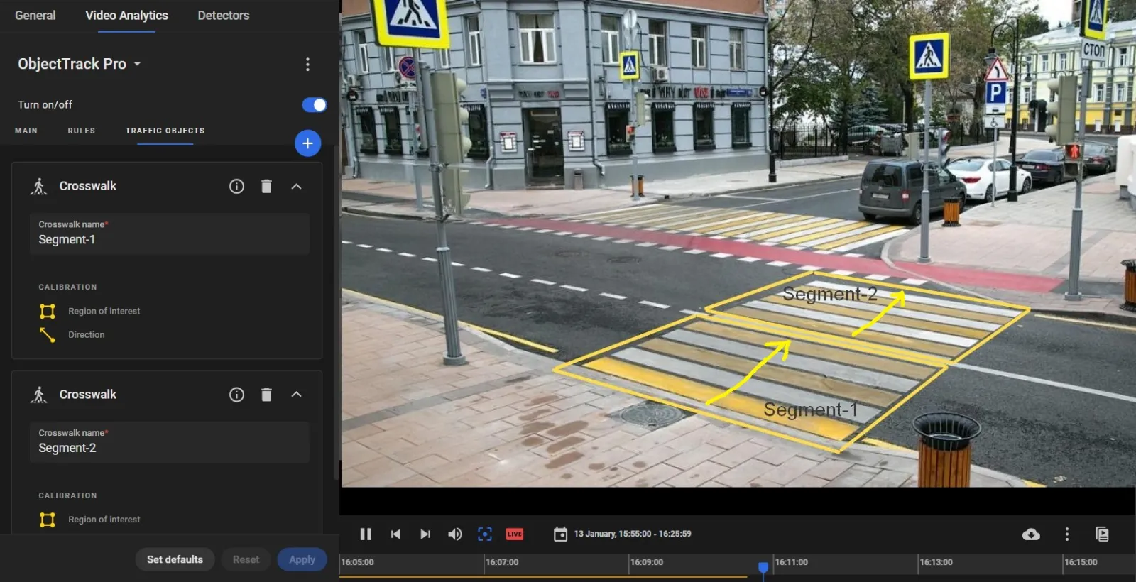 ObjectTrack Pro Traffic objects tab with two crosswalk areas, Segment-1 and Segment-2, drawn and directed on the camera view of an intersection