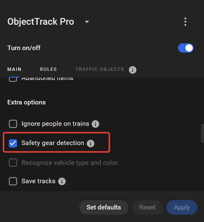 Extra options section with the Safety gear detection checkbox checked, above the disabled Recognize vehicle type and color and Save tracks options