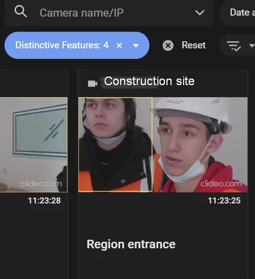 Search results showing an event card for a Region entrance event at a construction site with two workers, one filtered by Distinctive Features