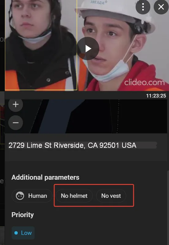Event details sidebar showing the event thumbnail, address, and Additional parameters with Human, No helmet, and No vest chips