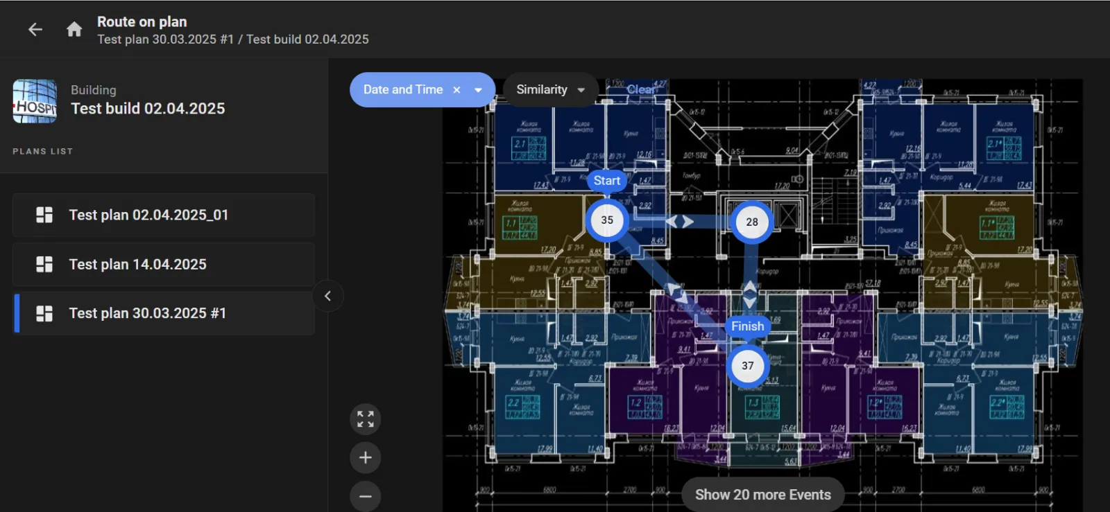 Route on plan view showing numbered waypoints from Start to Finish overlaid on a building floor plan