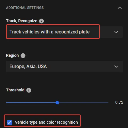 CarTrack Pro additional settings with Track, Recognize set to Track vehicles with a recognized plate and Vehicle type and color recognition enabled