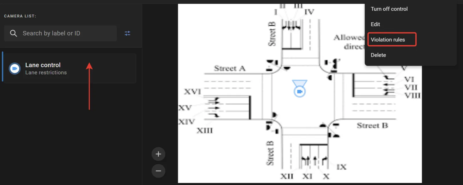 Road object diagram with the Lane control camera label selected and its options menu open, showing the Violation rules command
