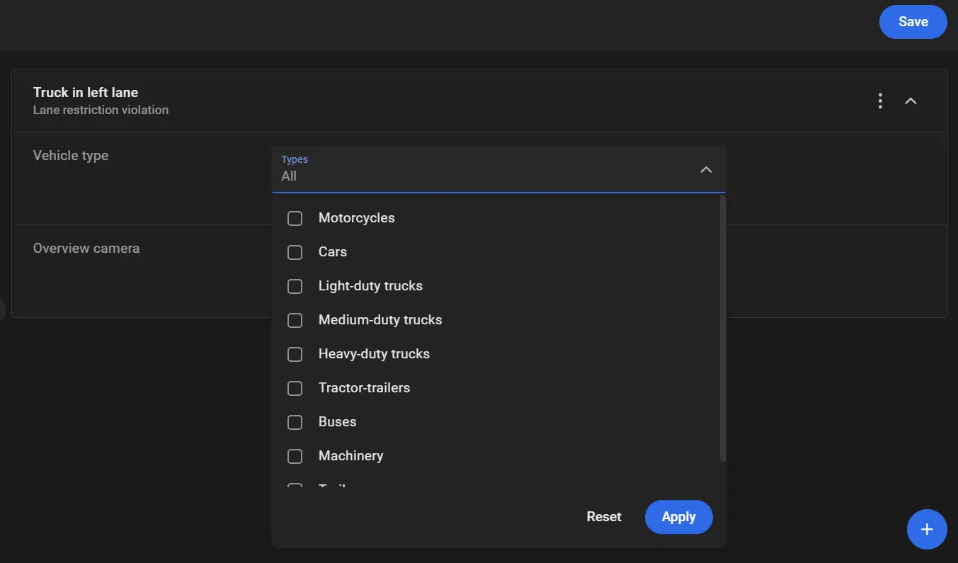 Truck in left lane violation rule with the Vehicle type Types drop-down open, listing vehicle categories such as motorcycles, cars, and heavy-duty trucks