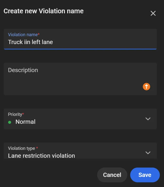 Create new Violation name window with the violation name set to Truck in left lane, priority Normal, and violation type Lane restriction violation
