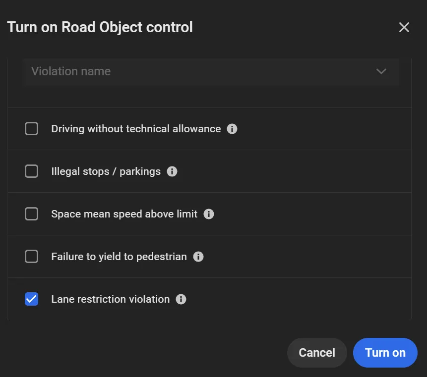 Turn on Road Object control dialog with a list of violation checkboxes; Lane restriction violation is checked
