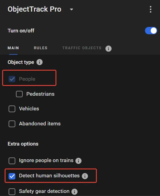 Object type People checked and the Detect human silhouettes option checked under Extra options