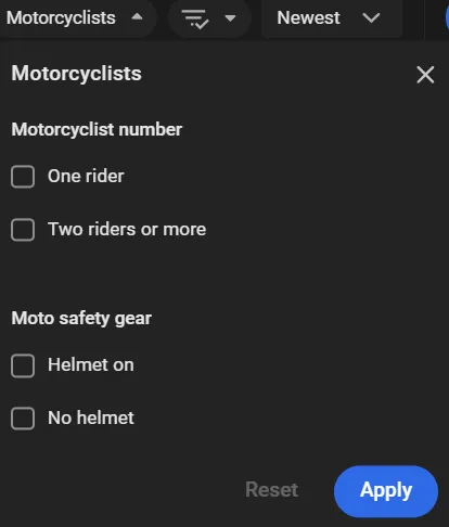 Motorcyclists filter panel with Motorcyclist number and Moto safety gear checkbox options