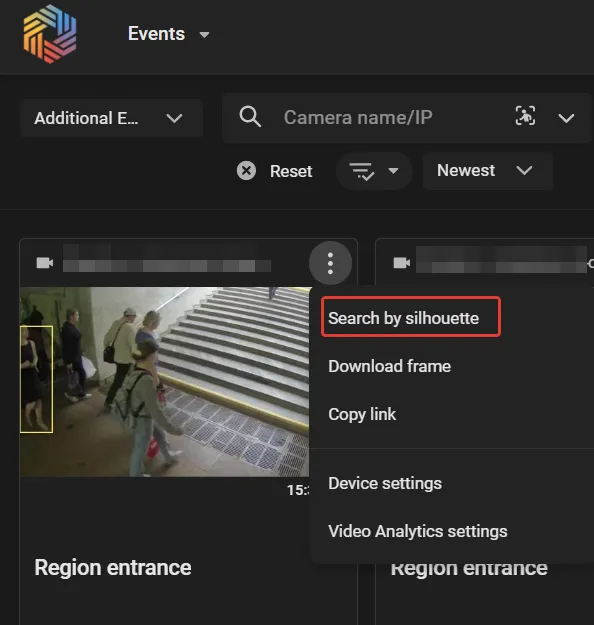 Event card three-dot menu with Search by silhouette highlighted among Download frame, Copy link, and other options