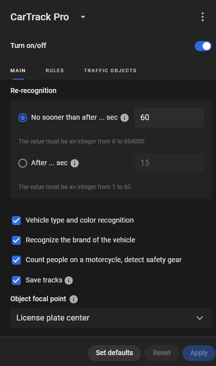 Re-recognition options set to No sooner than after 60 sec, with Vehicle type and color recognition, Recognize the brand of the vehicle, Count people on a motorcycle, and Save tracks all checked, and Object focal point set to License plate center