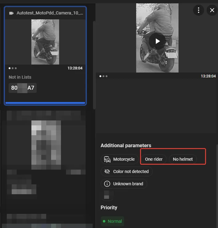 Event card detail for a motorcycle rider showing One rider and No helmet detected under Additional parameters