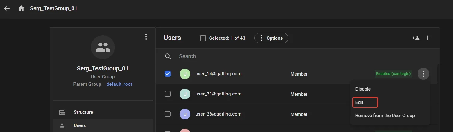 User group Users list with the options menu open for a member, showing Disable, Edit, and Remove from the User Group commands