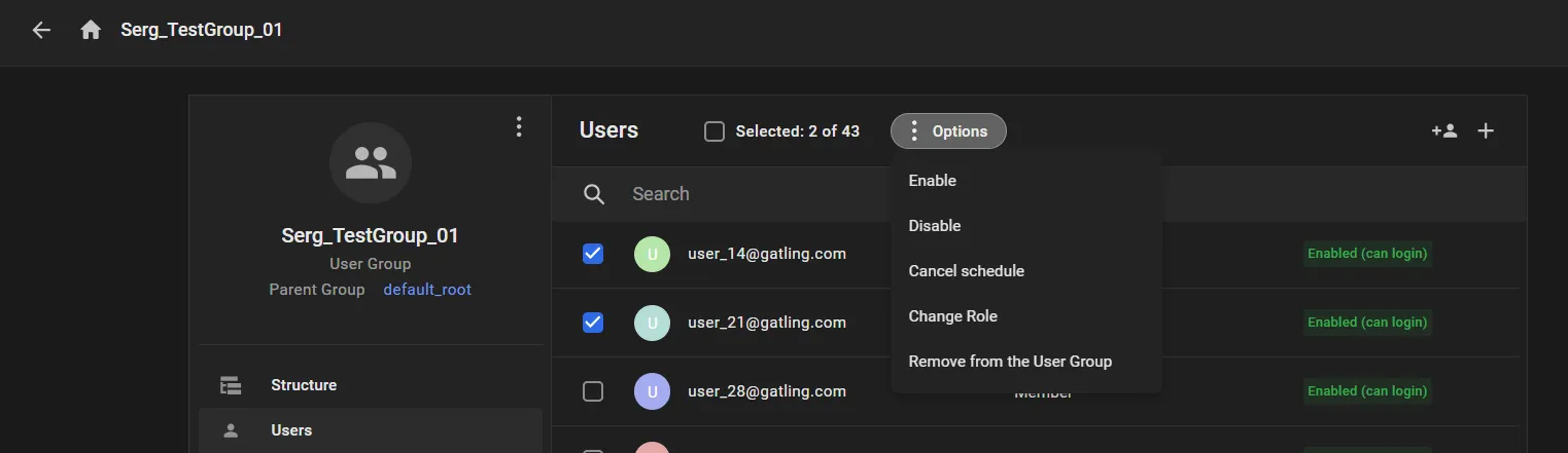 User group Users list with two members checked and the Options menu open showing Enable, Disable, Cancel schedule, Change Role, and Remove from the User Group