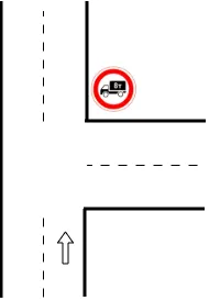 Diagram of a crossroads with a gross weight limit sign over the straight-ahead lane and a straight-arrow lane marking