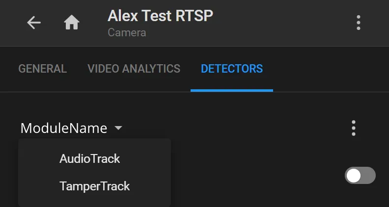 Camera Detectors tab with the detector name list expanded showing AudioTrack and TamperTrack