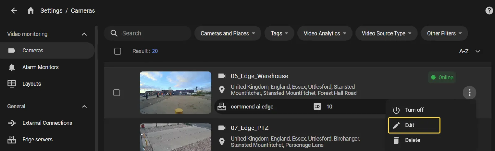 Cameras list with the three-dot menu open and Edit highlighted