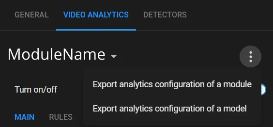 Video Analytics settings menu open, showing Export analytics configuration of a module and Export analytics configuration of a model options